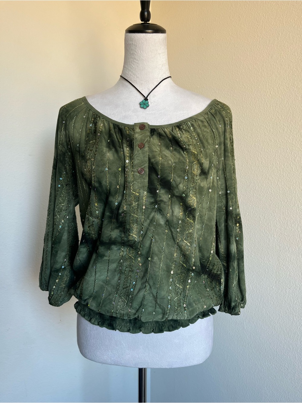 Y2K Olive Green Sequin Peasant Blouse size M